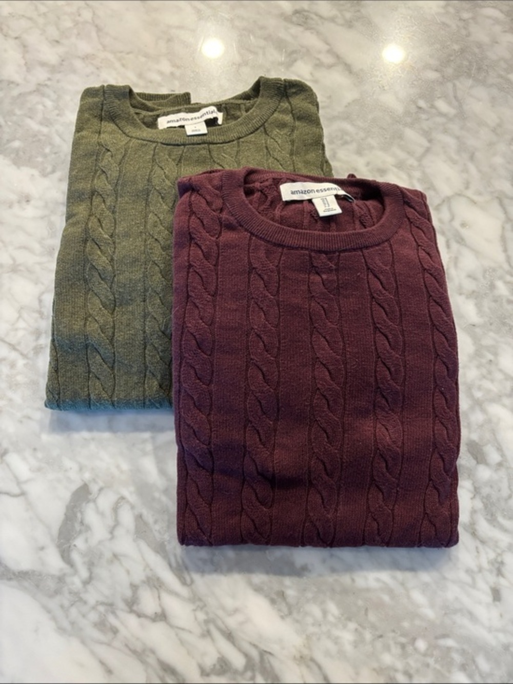 BUNDLE: Amazon Essentials Men’s Cable Knit Crewneck Sweater - Olive & Burgundy